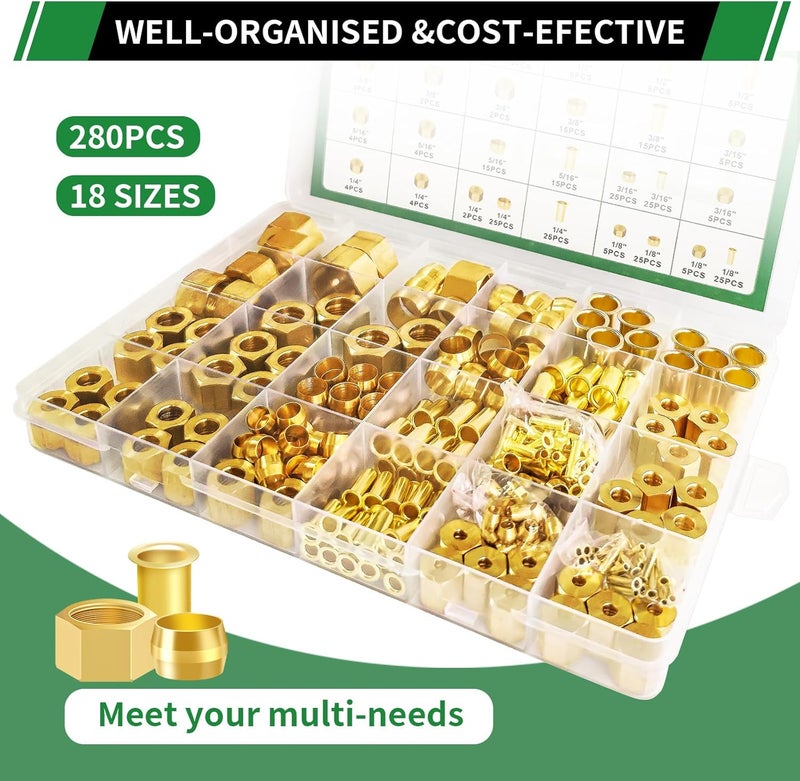 Japtend 280pcs 1/2" 3/8" 5/16" 1/4" 3/16" 1/8" Brass Compression Sleeves Ferrules Inserts Nuts Fittings Assortment Kit, 6 Sizes Hose Repair Kit of Air Water Fuel Oil Gas Tube Lines - Image 5